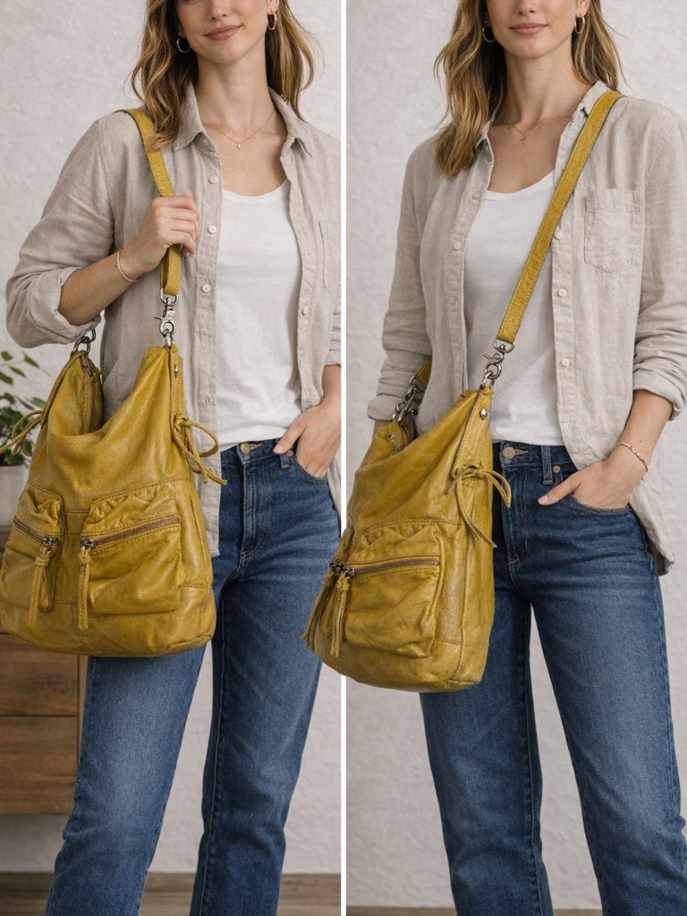 TANO Mustard Yellow Leather Hobo Bag Multi Pocket Crossbody Boho Chic